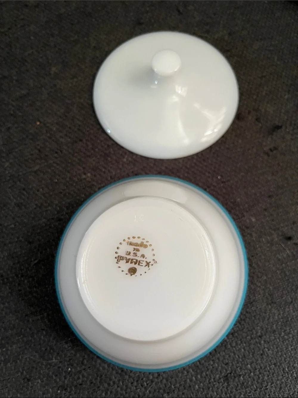 Vintage Pyrex White Milk Glass Sugar Bowl with Turquoise Rims